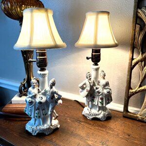 Vintage Occupied Japan Porcelain Boudoir Lamps Pair With Figurine Bases & Fabric